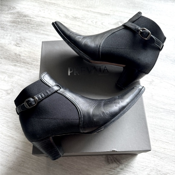 Vintage Italian Domin Nappa Black Leather Booties Stretch Fabric Buckle Details - Picture 1 of 10